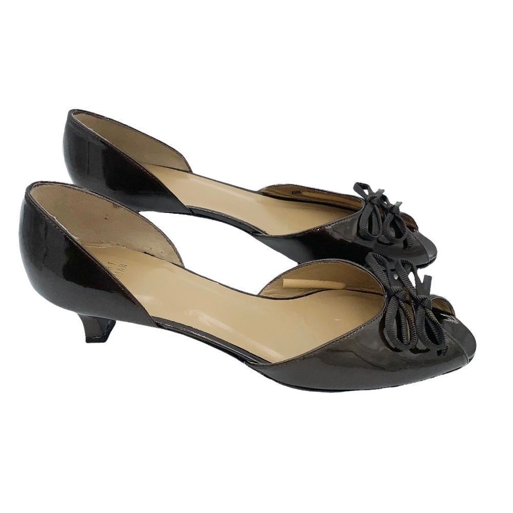 Stuart Weitzman Patent Leather Open Toe Kitten Heel Bow Brown Size 8.5 N